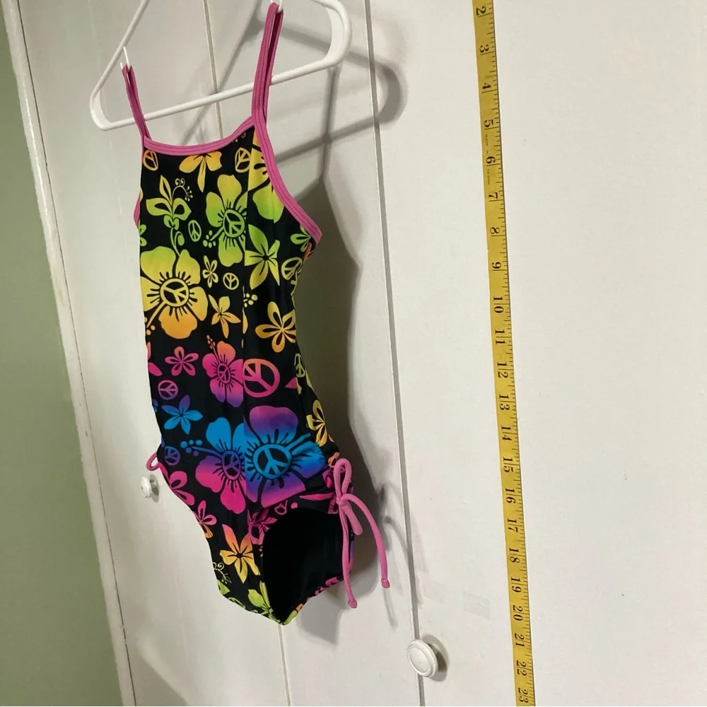 SO One Piece Peace and Flower Power Swimsuit Girls Size 10
